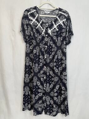 Aviier Navy Paisley Midi Dress Women Large Button Front Short Sleeve